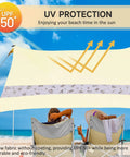 5 Person Beach Tent Sun Shelter With UPF50+ Protection on beach, two people sitting under khaki canopy enjoying shade