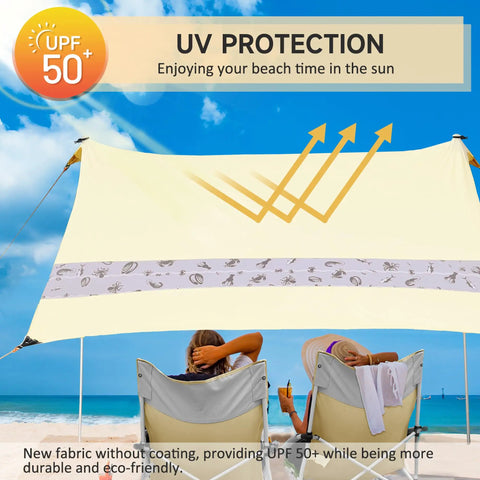 5 Person Beach Tent Sun Shelter With UPF50+ Protection on beach, two people sitting under khaki canopy enjoying shade