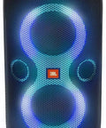 PartyBox 110 Portable Party Speaker With Built In Lights And Deep Bass 160W Power, front view with glowing LED lights