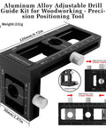 Pro Grade 2-In-1 Doweling Jig Kit For Woodworking With Aluminum Alloy Body Self Centering Drill Guide And Vertical Hole Locator Includes 8 Drill Bushings Adjustable Wood Joint Locator, image showing measurements and features.