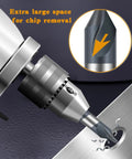 Heavy Duty Cobalt Center Drill Bit Set Top Shelf Gear For Beating Through Hard Metals Metric One Five Millimeter Five Piece Setup showing drill bit in action with large chip removal space.