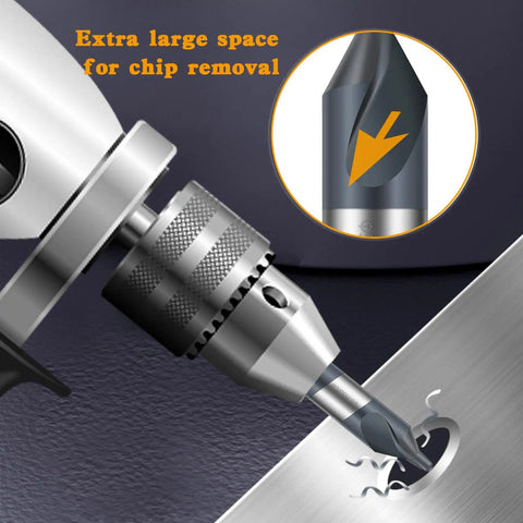Heavy Duty Cobalt Center Drill Bit Set Top Shelf Gear For Beating Through Hard Metals Metric One Five Millimeter Five Piece Setup showing drill bit in action with large chip removal space.