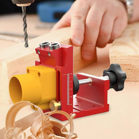 Top Shelf Aluminum Drilling Guide Jig For Cabinet Assembly And Woodworking With Zero Hassle Depth Controls showing drilling alignment on wood.