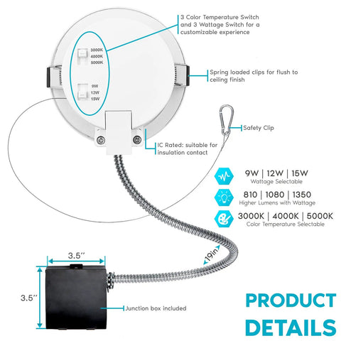 4 Inch LED Recessed Canless Downlight With J Box, Easy Install, 9W, 12W And 15W Options diagram showing features.