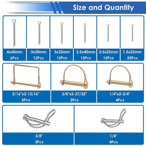 All In One 270 Piece Hitch Pin Kit With 31 Sizes For Trailers And Farm Equipment Includes Square PTO Pins Lynch Pins Cotter Pins Hairpins