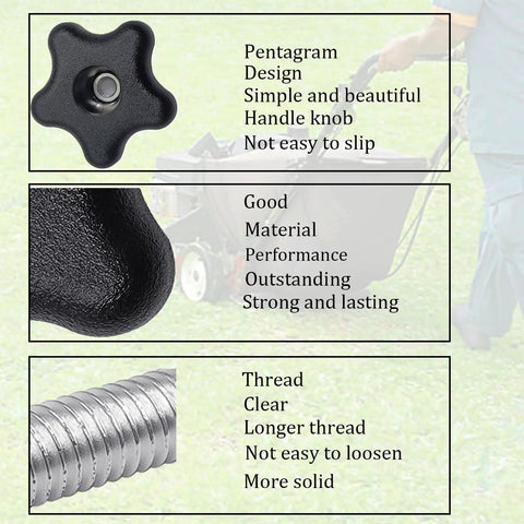 Two Pack Lawn Mower Handle Bolts And Knobs Replacement Kit showing pentagram design knob and threaded bolt for TimeMaster.