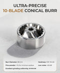 Ultra-precise 10-blade conical burr for Portable Burr Coffee Grinder With 80 Precision Settings For Single Dose Brewing.