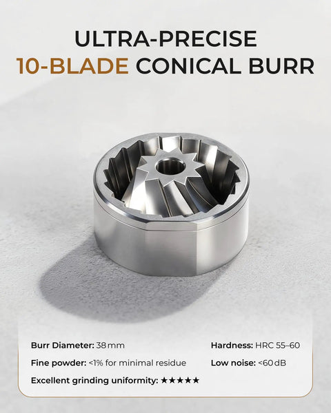 Ultra-precise 10-blade conical burr for Portable Burr Coffee Grinder With 80 Precision Settings For Single Dose Brewing.