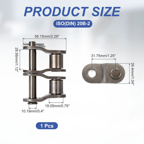 Top Grade ISO Din 20b-2 Roller Chain Offset Half Link With 1 25 Inch Pitch Manganese Steel Plate, product dimensions displayed.