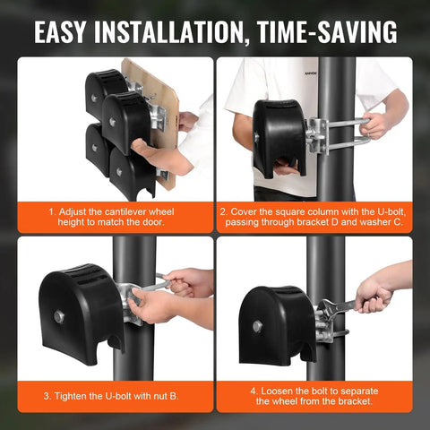 Installation steps for Workhorse Sliding Gate Kit With U-Shaped Wheel Groove, showing bracket attachment to a pole.