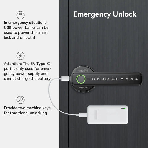Smart Lever Door Lock With Fingerprint And Keyless Entry, Tuya App Control, Bluetooth Touchscreen Digital Door Knob With Keypad, IC Card And Mechanical Key, Biometric Access For Home, Apartment, Hotel Or Office emergency power with USB connection