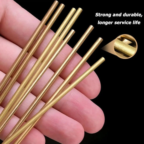 Top Shelf Solid Brass Round Rod 15Mm Diameter By Point Three Meter Length Two Pack Pure Copper Alloy Stock For Diy Metalworking and Electrical Fabrication Hacksaw Friendly Shop Floor Bar held in hand.