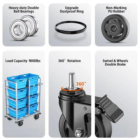 Top Shelf Heavy Duty Swivel Caster Wheel Set Of Four With Three Inch Polyethylene Tires And Three Eighths Threaded Stem Brakes Built Tough For Workshop Cart Heavy Load Carrying Smooth Free Roll Black features heavy-duty double ball bearings, upgraded dustproof ring, non-marking PU rubber wheel, and double brake.