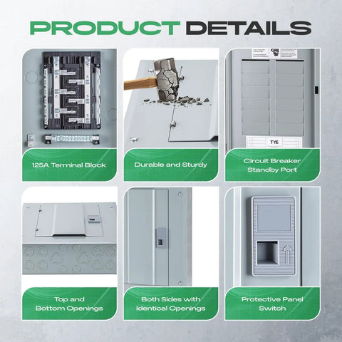Pro Style 12 Space Circuit Breaker Panel 125 Amp Indoor Load Center With Main Lug Steel Enclosure details including terminal block and openings.