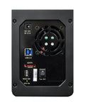 Back view of No Fuss Rock Solid Dual Bay External Storage Enclosure boasting USB 3.0 and eSATA ports with fan and switch.