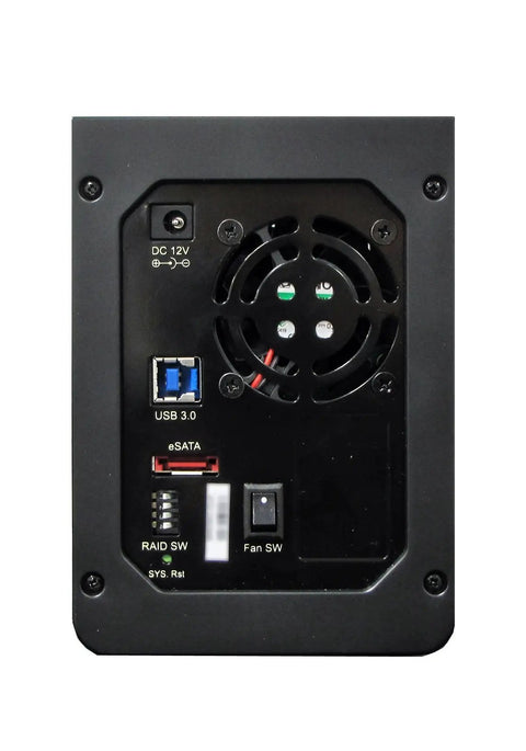 Back view of No Fuss Rock Solid Dual Bay External Storage Enclosure boasting USB 3.0 and eSATA ports with fan and switch.