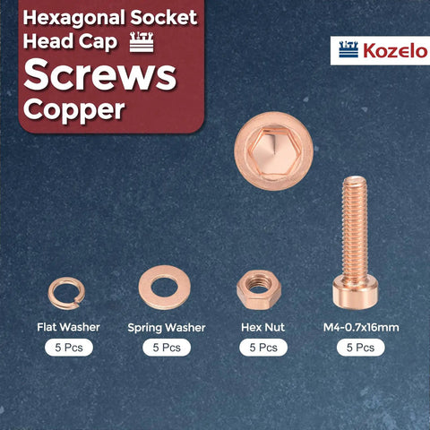 Premium Grade Red Copper Socket Head Cap Screws Plus Hex Nuts Kit M4 0.7x16mm showing flat and spring washers with hex nut