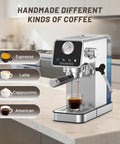 Real Deal 20 Bar Espresso Machine With Lightning Fast Milk Frother And Semi Automatic Setup Featuring A Responsive Touchscreen And Pressure Gauge Within A Compact Stainless Steel Frame For Smooth Crema Shots At Home Or The Office In Silver, brewing espresso with various coffee options.
