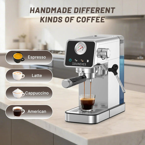 Real Deal 20 Bar Espresso Machine With Lightning Fast Milk Frother And Semi Automatic Setup Featuring A Responsive Touchscreen And Pressure Gauge Within A Compact Stainless Steel Frame For Smooth Crema Shots At Home Or The Office In Silver, brewing espresso with various coffee options.
