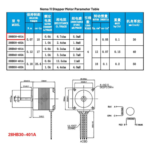 X Y Z Axis Motorized Slide Table With T Type Linear Guide Rail Stage For CNC Mini Sliding Table And Electric Linear Stage Drive Kit Beefed Up With TB6600 For Precise High Load Positioning And Repeatable Accuracy. Nema 11 stepper motor diagram, model 28HB30-401A