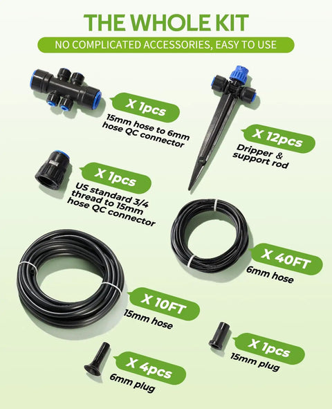 50Ft Drip Irrigation Kit For Plants With Quick Connectors, Water Saving Automatic Garden System For Patio And Lawn components