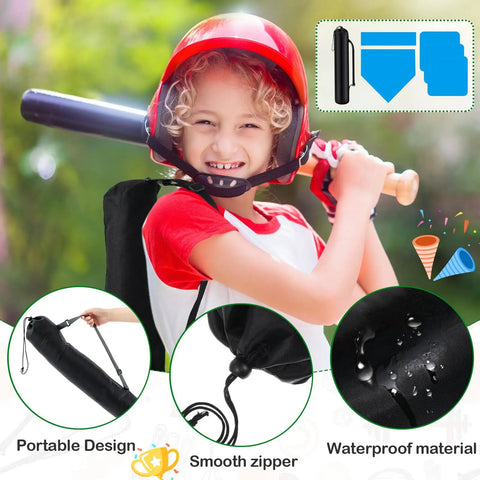 Child holding baseball bat with 5 Piece Baseball And Softball Base Set With Carrying Bag Includes 3 Throw Down Bases 1 Home Plate 1 Pitching Rubber For Backyard Practice And Kickball Softball Games Portable Lightweight Blue Solid visible