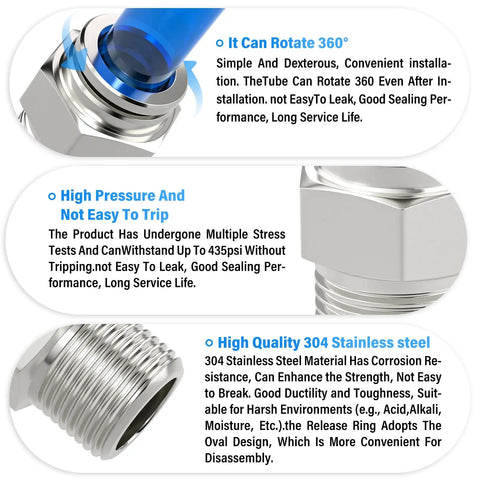 Premium 304 Stainless Steel Push To Connect Fittings, Male Straight Three Eighths Inch Tube OD To One Half Inch NPT Thread, detail view