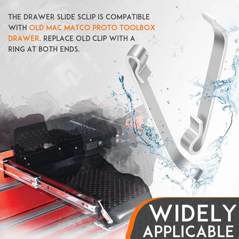 1-5/8 Inch Drawer Slide Retainer Clips Universal Fit For Mac Matco Proto NAPA Craftsman Tool Boxes 12 Pack Heavy Duty Spring Steel Anti Rust Durable Hardware Accessory For Old School Style Drawers shown with toolbox.