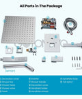 Rainfall Tub Shower Faucet Set With Handheld Sprayer parts including 8 inch shower head, high pressure valve, polished chrome finish