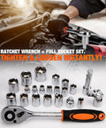Mechanic using ratchet wrench from 328 Piece Home Tool Set With Toolbox Storage Case And Drawer Organizer All In One Hand Tool Kit For DIY Projects And Home Repairs Includes Wrenches Sockets Screwdrivers Pliers And More on car engine, with socket set displayed.