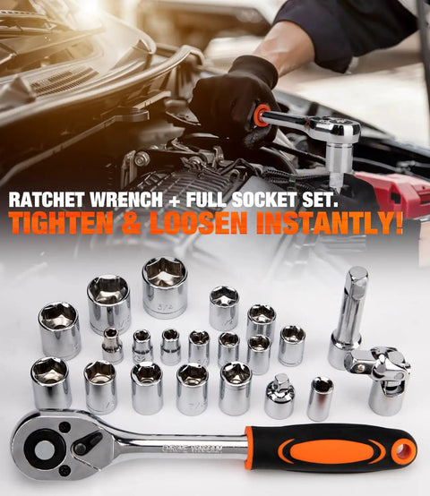 Mechanic using ratchet wrench from 328 Piece Home Tool Set With Toolbox Storage Case And Drawer Organizer All In One Hand Tool Kit For DIY Projects And Home Repairs Includes Wrenches Sockets Screwdrivers Pliers And More on car engine, with socket set displayed.