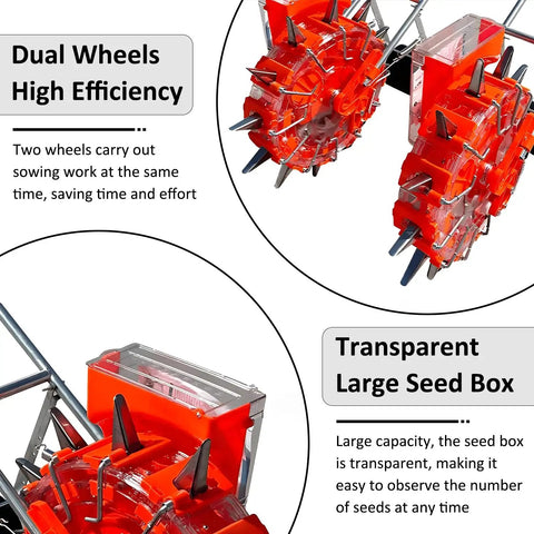 Adjustable Dual Row Hand Push Seeder for Garden Dope Multi Crop Planter Tool features dual wheels and a transparent seed box