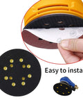 Heavy Duty Beast 5 Inch Hook And Loop Orbital Sander Pad With Eight Dust Holes that shows easy installation on a sander.