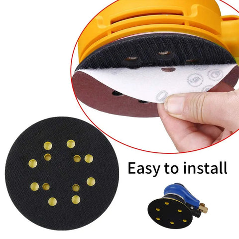 Heavy Duty Beast 5 Inch Hook And Loop Orbital Sander Pad With Eight Dust Holes that shows easy installation on a sander.