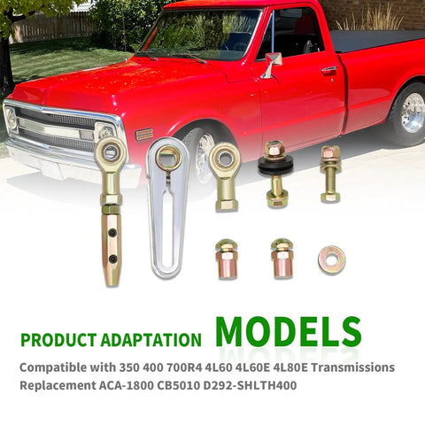 Adjustable Column Shift Linkage Kit ACA-1800 assembly for 350 400 700R4 4L60 4L60E 4L80E in front of vintage red truck