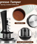 Close-up of calibrated espresso tamper with ripple base and pressure scale, part of All In One 7 Piece Espresso Accessories Kit For Home Baristas Includes 54mm Espresso Tamper WDT Needle Stirrer Wood Tamping Station Dosing Funnel Brush Puck Screen And Distributor For Perfect Clean Shots Every Time.