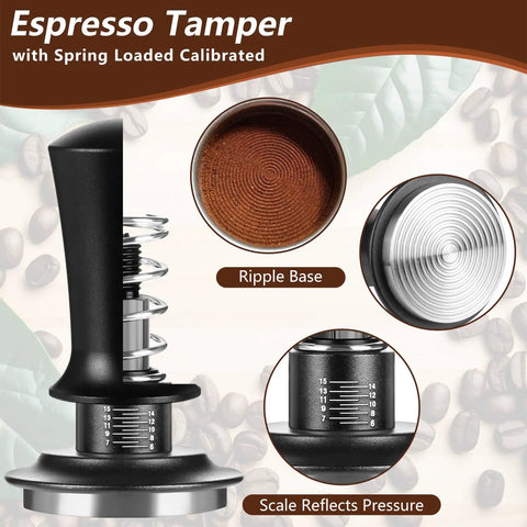 Close-up of calibrated espresso tamper with ripple base and pressure scale, part of All In One 7 Piece Espresso Accessories Kit For Home Baristas Includes 54mm Espresso Tamper WDT Needle Stirrer Wood Tamping Station Dosing Funnel Brush Puck Screen And Distributor For Perfect Clean Shots Every Time.