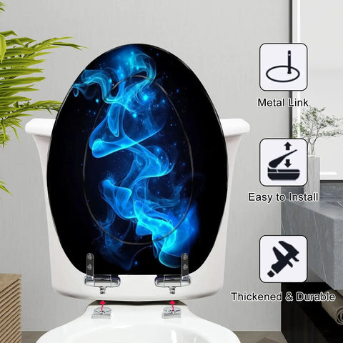 Novelty Elongated Resin Toilet Seat for Bathroom with blue fluid artwork, easy install hinges, elongated design.