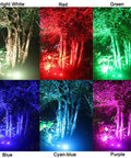 Image of 6W RGB LED Landscape Lights With Remote Control, 12V/24V Low Voltage Transformer, showing multiple color options illuminating trees.