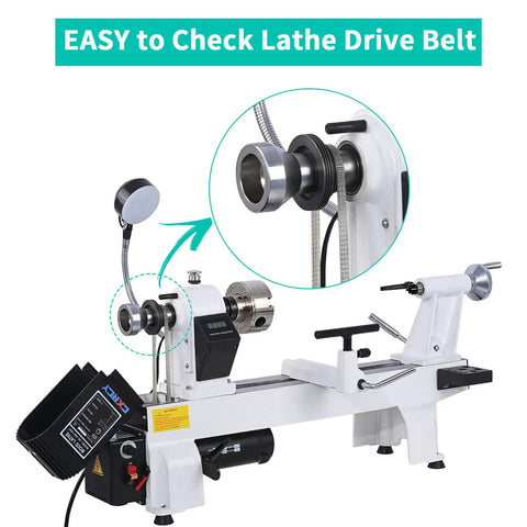 Close-up of 12x18 Inch Wood Lathe With Infinitely Variable Speed 650 To 3800 RPM, Three Quarters Horsepower Benchtop Lathe, Model WL460-12VF