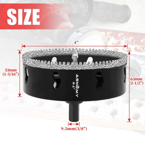 4 Inch Diamond Hole Saw Kit With Pilot Drill Bit, Serrated Brazed Diamond Core Drill Bits for Ceramic Tile, size dimensions shown