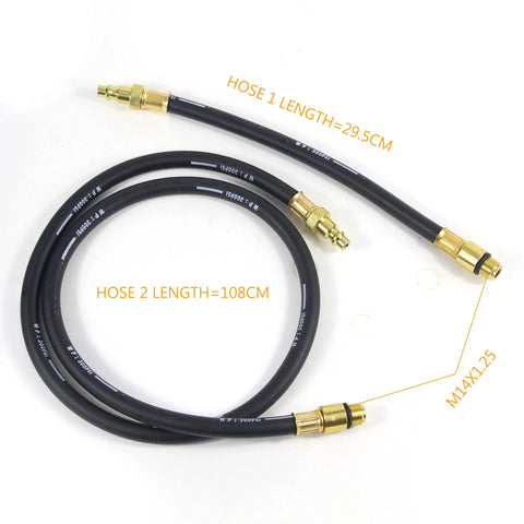 Automotive dual-hose leak-down tester kit with black hoses and brass fittings; 29.5 cm and 108 cm lengths; M14x1.25 threads; Amazon.
