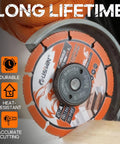 Close-up of 4 1/2-inch orange carbide cut-off wheel for angle grinder; segmented disc (2-pack)