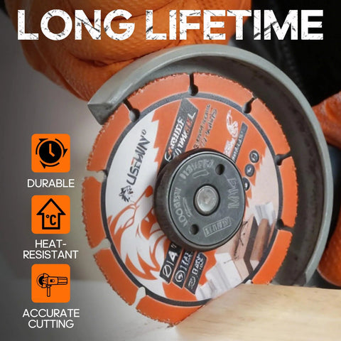 Close-up of 4 1/2-inch orange carbide cut-off wheel for angle grinder; segmented disc (2-pack)
