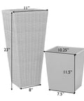 All Weather Wicker Planter Set Two Piece Mocha Outdoor Planters With Liners Tall Pots For Patio Garden Herb Display Dope Outdoor Decor Built To Last On Your Deck Or Balcony with dimensions labeled.