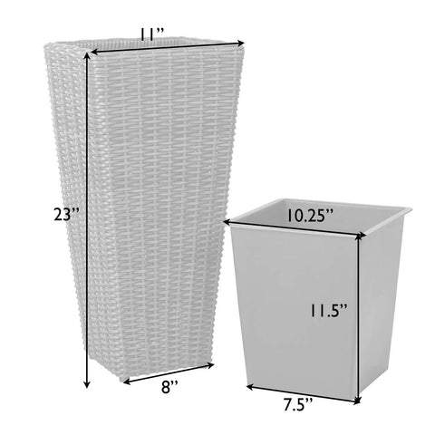 All Weather Wicker Planter Set Two Piece Mocha Outdoor Planters With Liners Tall Pots For Patio Garden Herb Display Dope Outdoor Decor Built To Last On Your Deck Or Balcony with dimensions labeled.