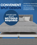 King Size Box Spring Bed Base With Heavy Duty Wood Mattress Foundation, Beats The Squeaks Completely, Amish Crafted In Usa, No Sweat Moving Or Storing, Fully Assembled White Modular Platform That Sets Well - showing split design and easy setup.