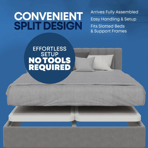 King Size Box Spring Bed Base With Heavy Duty Wood Mattress Foundation, Beats The Squeaks Completely, Amish Crafted In Usa, No Sweat Moving Or Storing, Fully Assembled White Modular Platform That Sets Well - showing split design and easy setup.