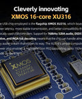 Close-up view of XMOS 16-core XU316 USB chip on circuit board, emphasizing high compatibility and audio capabilities.