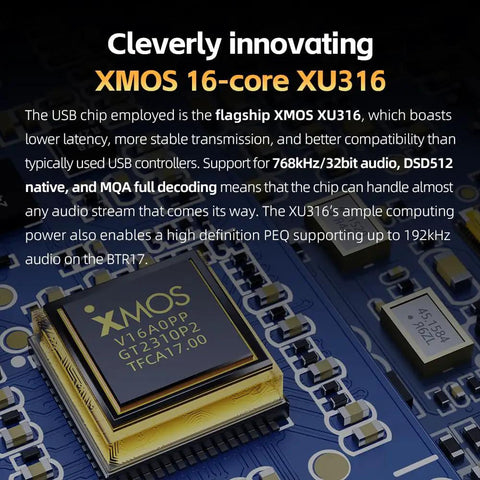 Close-up view of XMOS 16-core XU316 USB chip on circuit board, emphasizing high compatibility and audio capabilities.